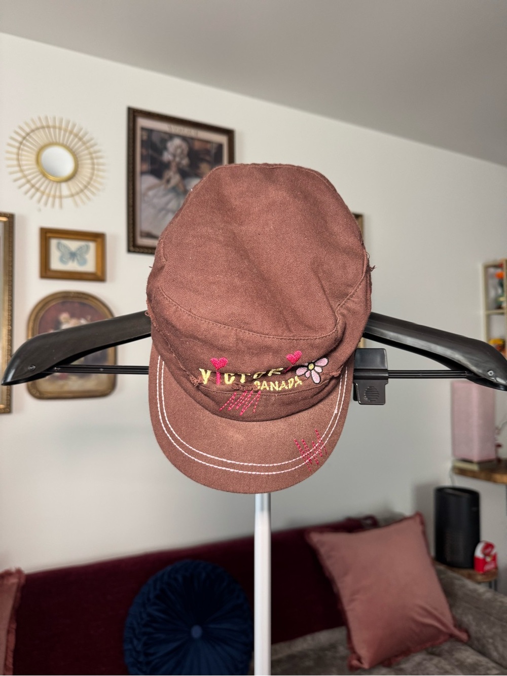 Brown Y2K Victoria Canada Embroidered Cotton Cap with Heart & Flower Detail